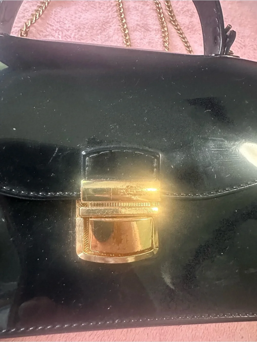 Black Patent Leather Top-Handle Shoulder Bag with Gold Hardware